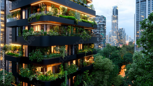 Sustainable urban living modern skyscrapers ai generated architecture cityscape evening view green design photo