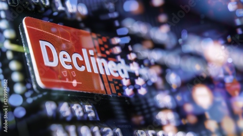 Credit card with red declined stamp on digital transaction screens, symbolizing payment fraud and financial security risks in online transactions.