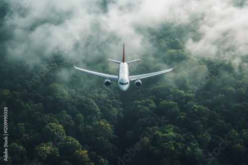 A passenger jet flies at a low altitude just above a dense forest, blending the marvels of aviation with the tranquility of nature. The clear sky enhances the scene’s beauty photo