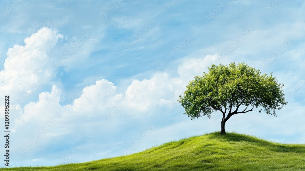 Lone tree on green hill under blue sky with clouds Lone tree on green hill under blue sky with clouds