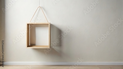Minimalist wooden hanging shelf against a textured wall in a simple room