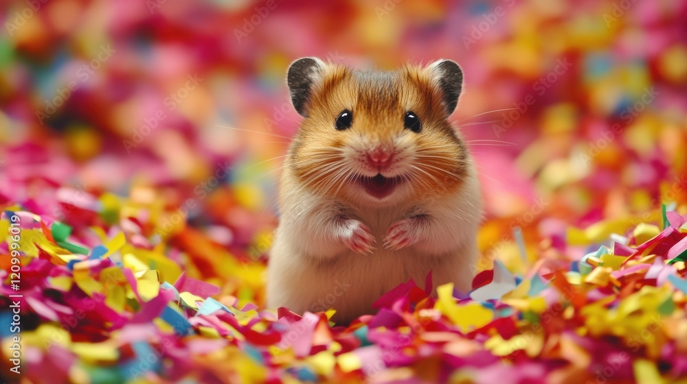 Cute Hamster Surrounded by Colorful Confetti on a Festive Background Cute Hamster Surrounded by Colorful Confetti on a Festive Background