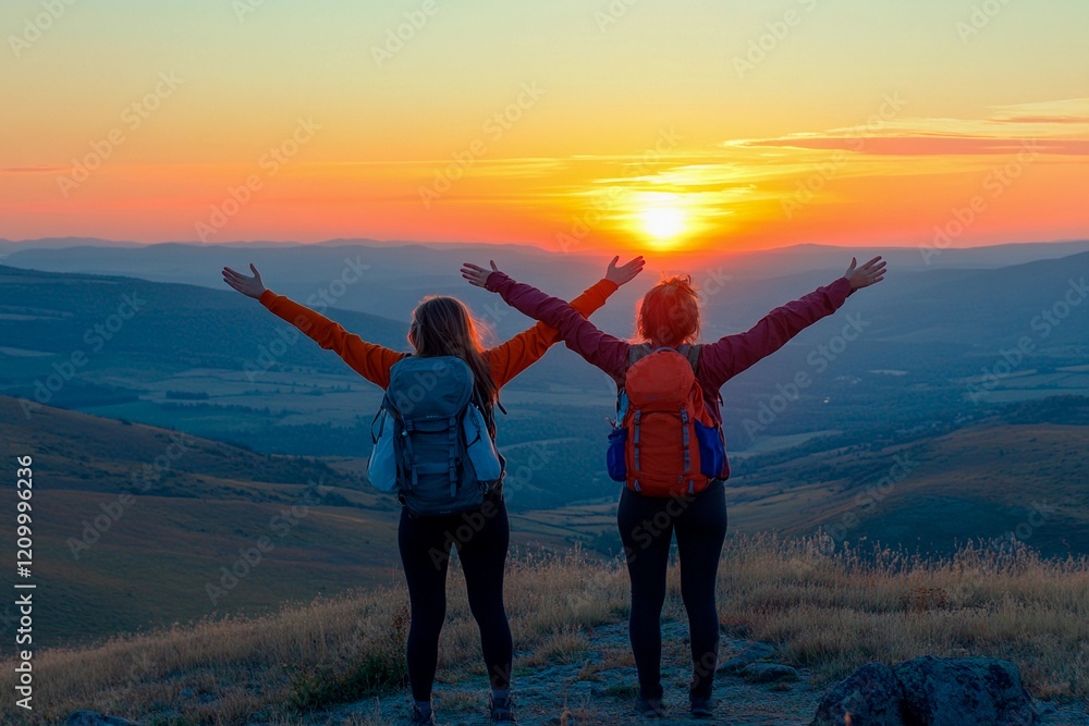 Fototapeta premium Catch the sunset as two friends embrace the beauty of nature on a mountain peak