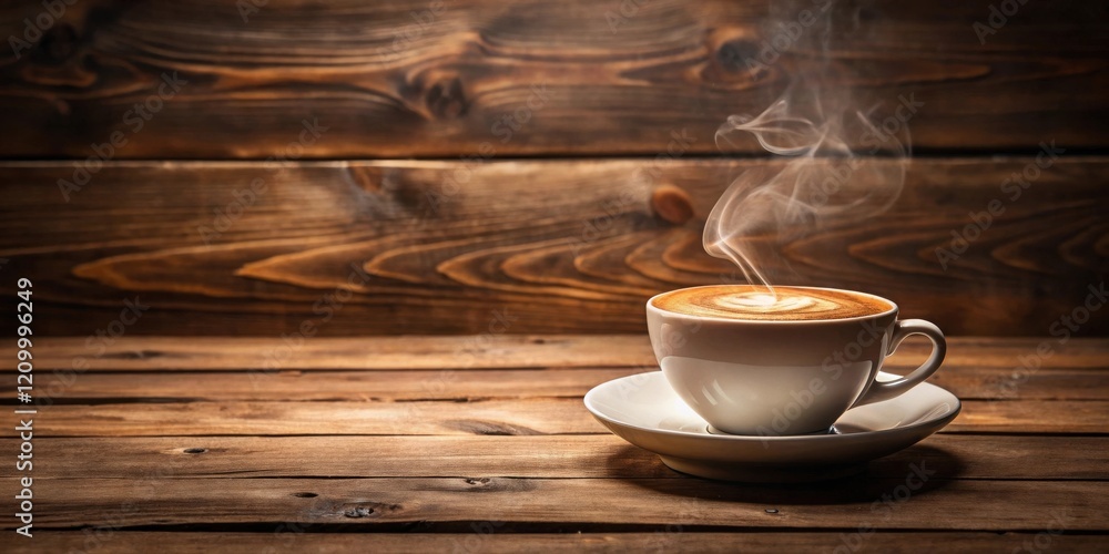 Obraz premium Aromatic Coffee in a White Cup on Rustic Wooden Table