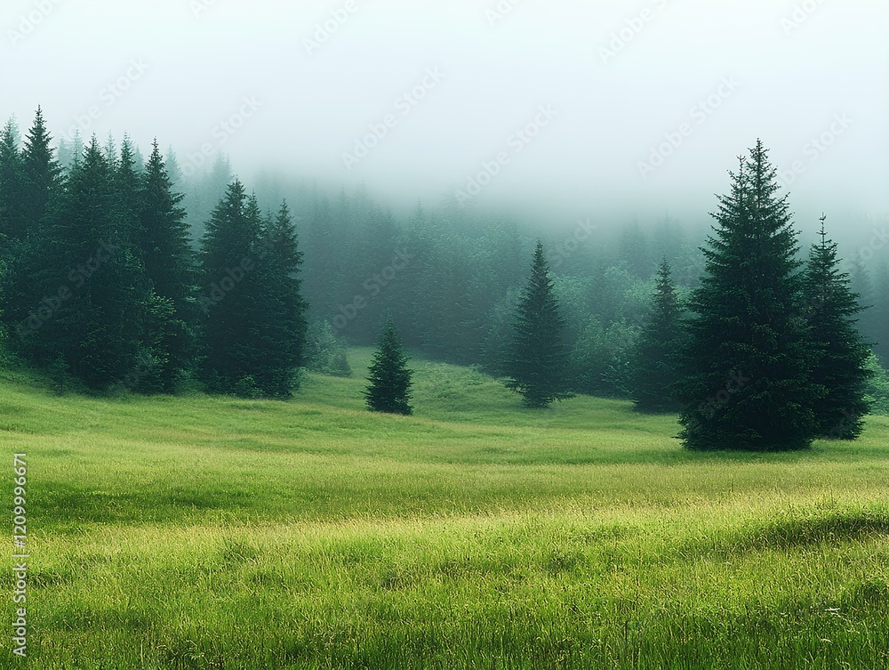 Fototapeta premium Foggy landscape with coniferous forest and green meadow