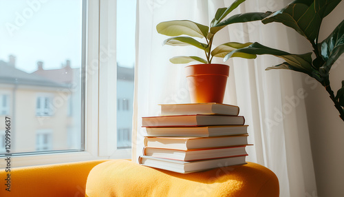 A cozy corner featuring stacked books and a potted plant beside a sunny window, creating a warm and inviting atmosphere.