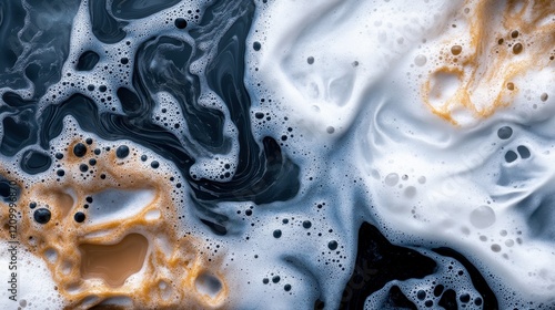 Close-up of swirling patterns in soapy liquid with foam, featuring black, white, and golden hues in an abstract design.