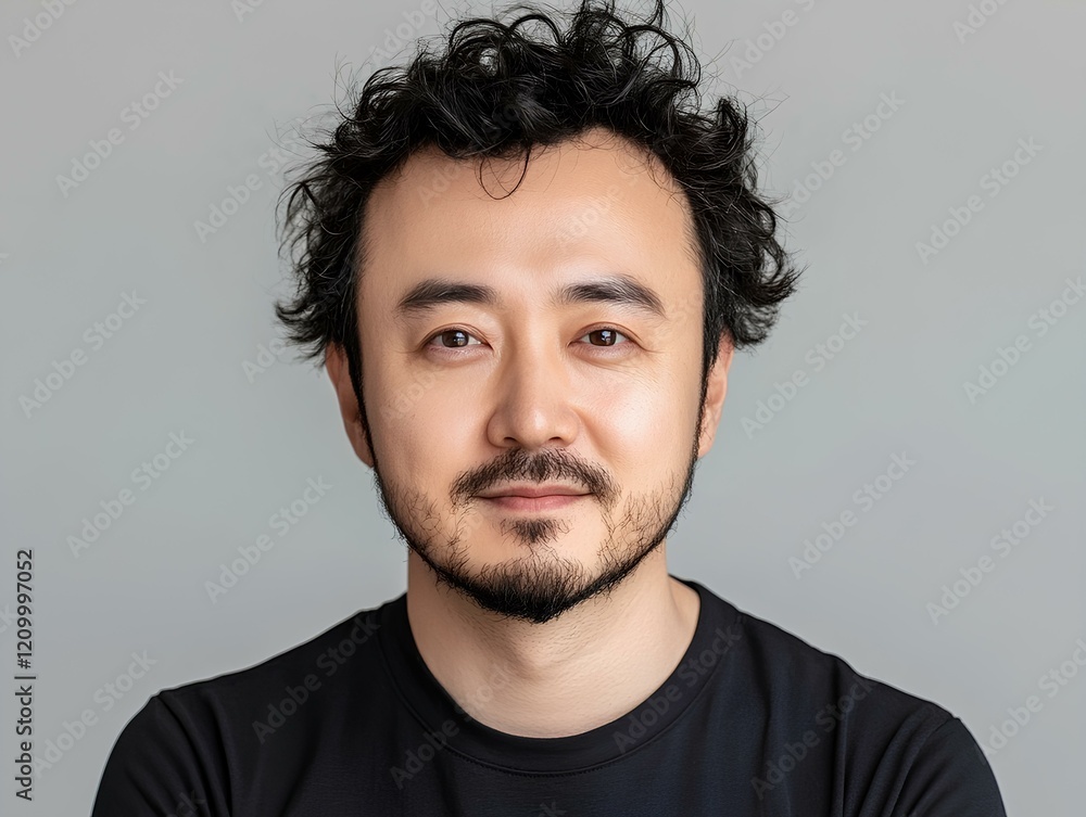 Fototapeta premium Portrait of a handsome asian man with beard and mustache on grey background