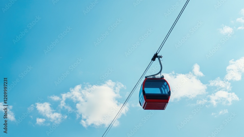 Red cable car moving on wire against bright blue sky with few white clouds Red cable car moving on wire against bright blue sky with few white clouds