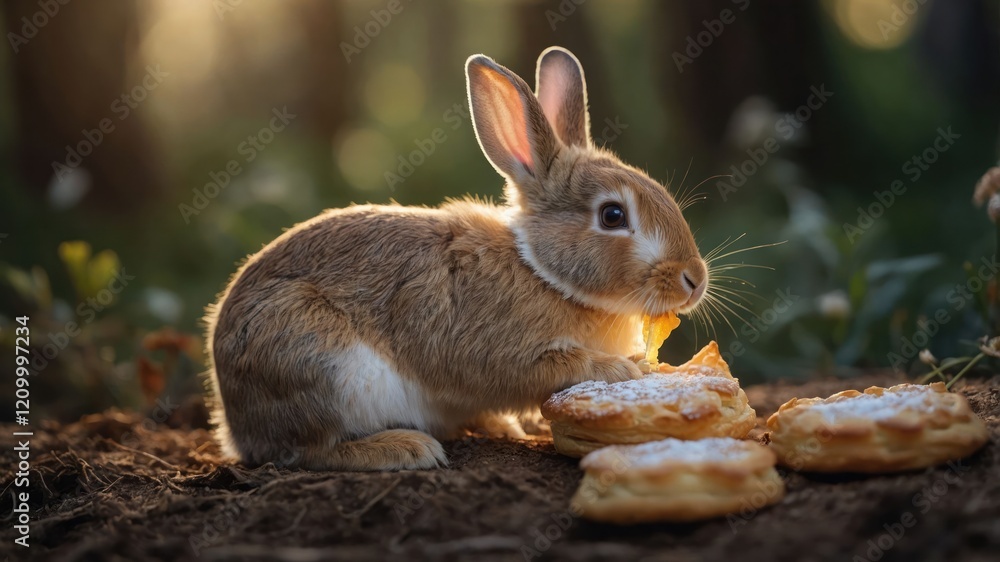 Fototapeta premium A cute rabbit nibbling on pastries in a sunlit forest setting.