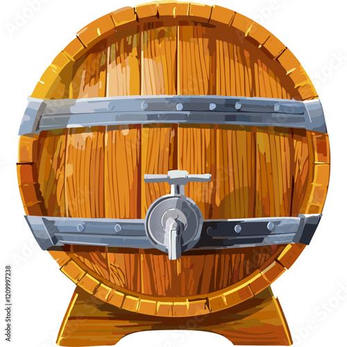 Wine barrel vector illustration. Image of wooden container for wine maturation with tap for tasting on isolated background.