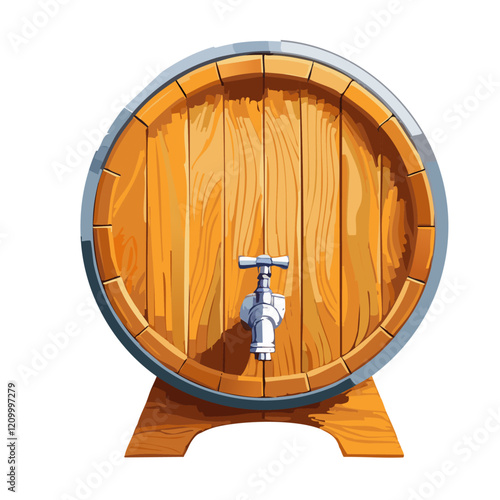 Wine barrel vector illustration. Image of wooden container for wine maturation with tap for tasting on isolated background.
