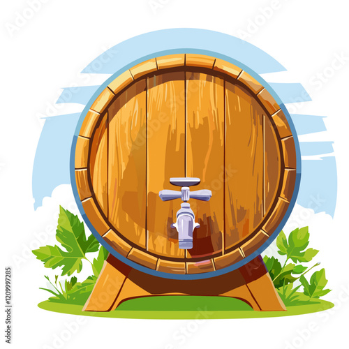Wine barrel vector illustration. Image of wooden container for wine maturation with tap for tasting on isolated background.