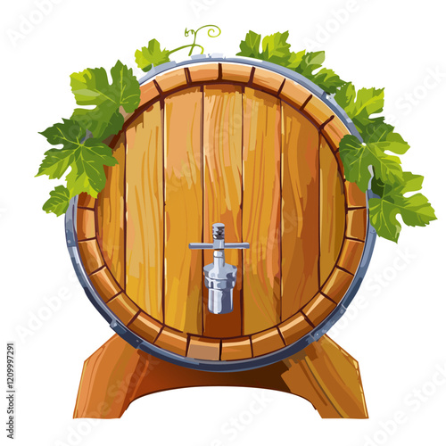Wine barrel vector illustration. Image of wooden container for wine maturation with tap for tasting on isolated background.