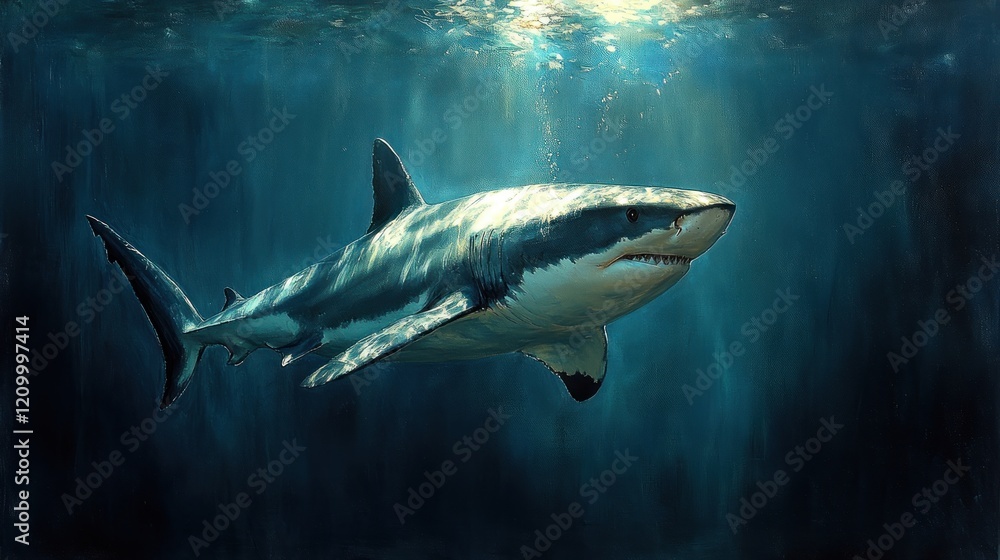 Fototapeta premium Majestic great white shark swimming in ocean depths, sunlit beams background, marine wildlife art