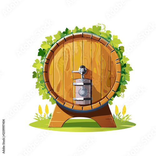 Wine barrel vector illustration. Image of wooden container for wine maturation with tap for tasting on isolated background.