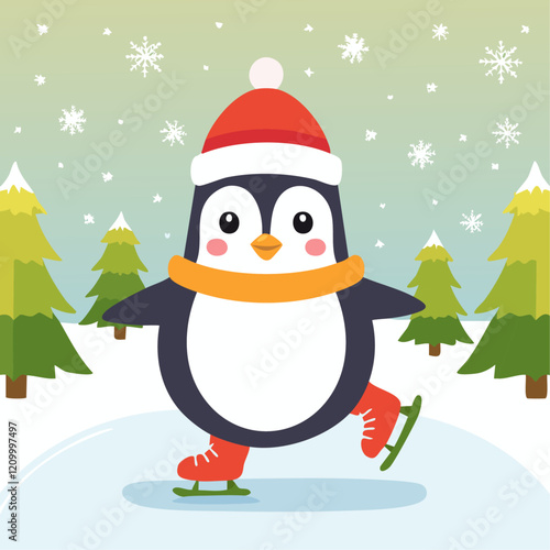 Cute penguin on ice skates on the background of winter trees winter vector illustration. Children's image of a winter character on a skating rink in the forest. Christmas background for postcards and	