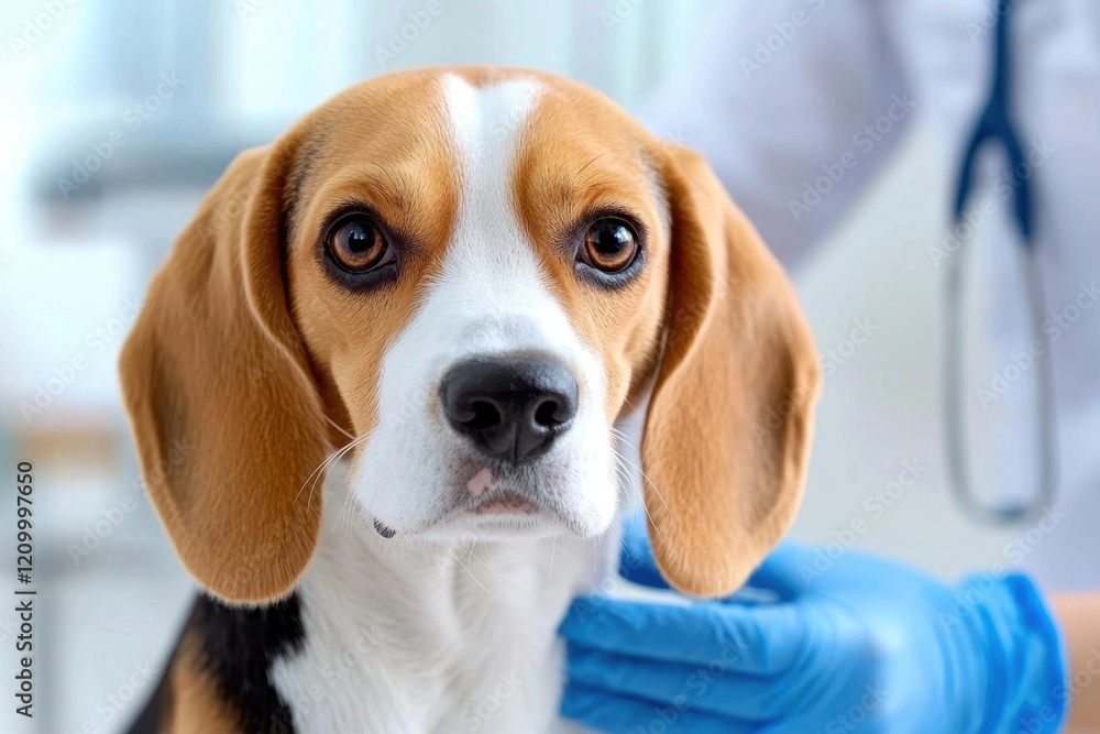 Close-up of a beagle dog in a veterinary clinic, with a veterinarian's hand in a glove gently examining it. Close-up of a beagle dog in a veterinary clinic, with a veterinarian's hand in a glove gently examining it.
