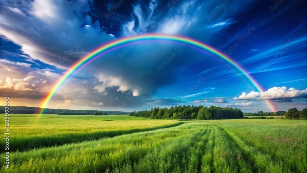 Vibrant Rainbow Arch Over Lush Green Field - Copy Space for Text Vibrant Rainbow Arch Over Lush Green Field - Copy Space for Text