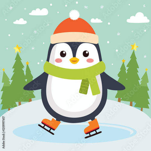 Cute penguin on ice skates on the background of winter trees winter vector illustration. Children's image of a winter character on a skating rink in the forest. Christmas background for postcards and	