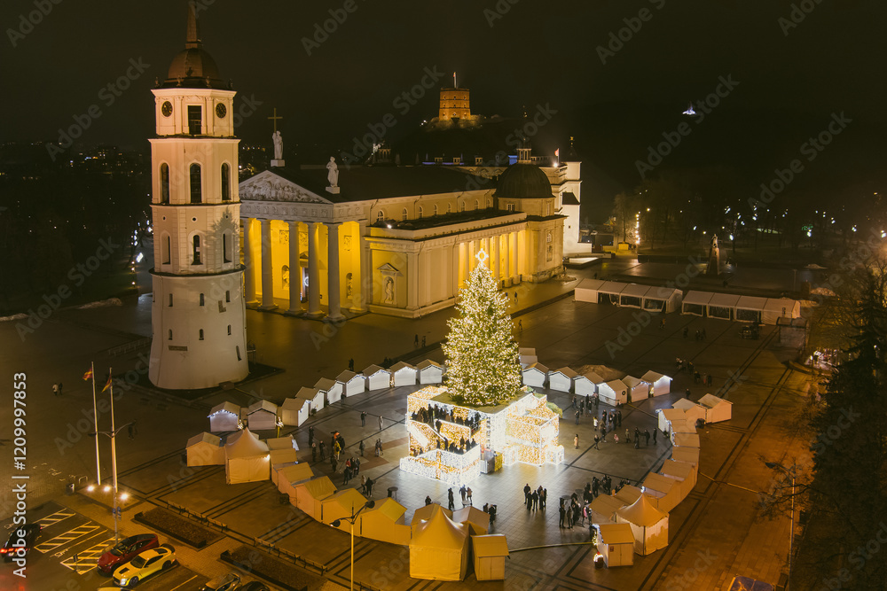 Obraz premium Aerial view of decorated and illuminated Christmas tree on the Cathedral Square at night in Vilnius. Celebrating Christmas and New Year in Lithuanian capital.