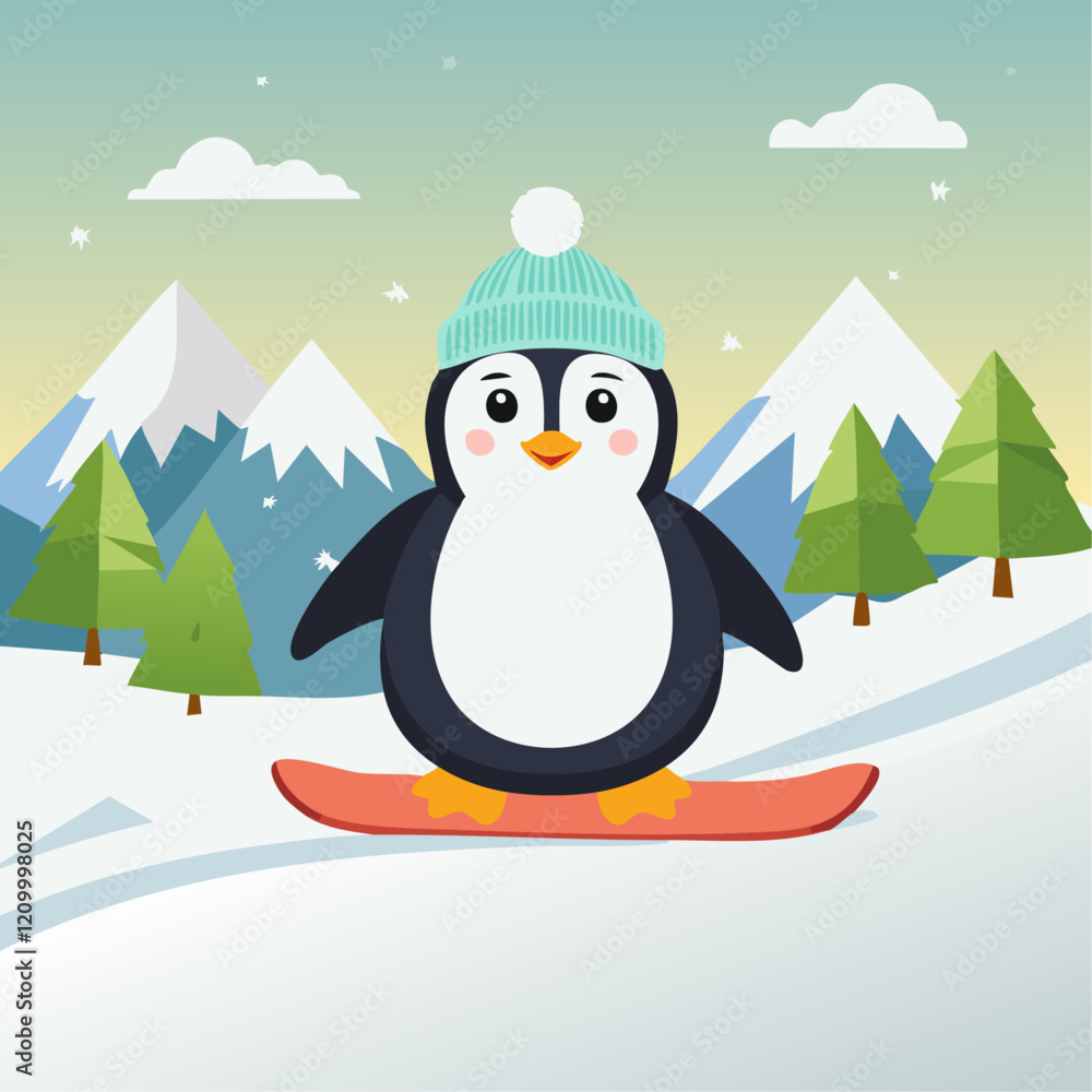 Obraz premium Cute penguin sliding down the mountain on a snowboard vector illustration. Adorable character doing winter sport outdoors. Winter postcard and background for postcards.