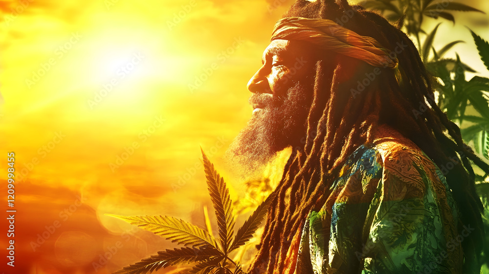 Reggae Culture and Nature Meditation with Rastafarian Elder and Vibrant Sunlight : Generative AI