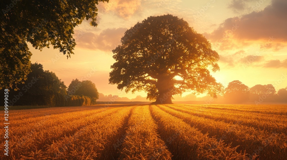 Fototapeta premium Sunrise Oak Tree Field Landscape Golden Hour
