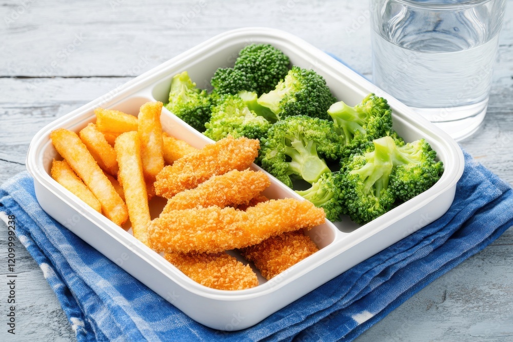 Healthy meal in a lunchbox featuring steamed broccoli, crispy fries, and breaded chicken strips, served with water on a table. Healthy meal in a lunchbox featuring steamed broccoli, crispy fries, and breaded chicken strips, served with water on a table.