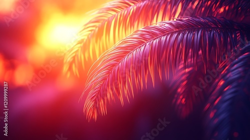 Wallpaper Mural Sunset Palm Fronds: Vibrant palm fronds silhouetted against a fiery sunset, creating a dramatic and colorful scene. The warm hues and soft light evoke a sense of tranquility and escape.  Torontodigital.ca
