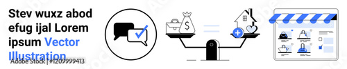 Shopping bag, dollar sign, house with medical cross balanced on scale, checkout page on tablet. Ideal for online shopping, e-commerce, healthcare expenses, budgeting, balance consumerism digital