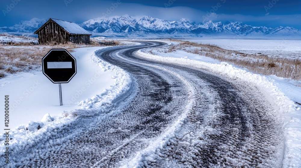 Fototapeta premium Winding snow-covered road leads past an old wooden barn towards distant mountains under a dramatic winter sky.