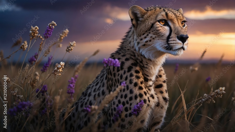 Fototapeta premium A cheetah gazes thoughtfully amidst vibrant flowers at sunset.
