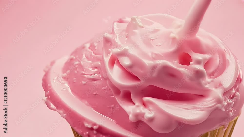 Close up time lapse of a strawberry flavored ice cream scoop slowly melting into a creamy puddle set against a soft pink pastel background Close up time lapse of a strawberry flavored ice cream scoop slowly melting into a creamy puddle set against a soft pink pastel background