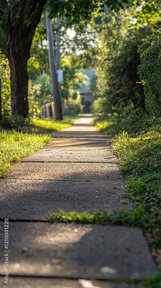 Fototapeta premium Sunlit Pathway Through a Lush Green Neighborhood