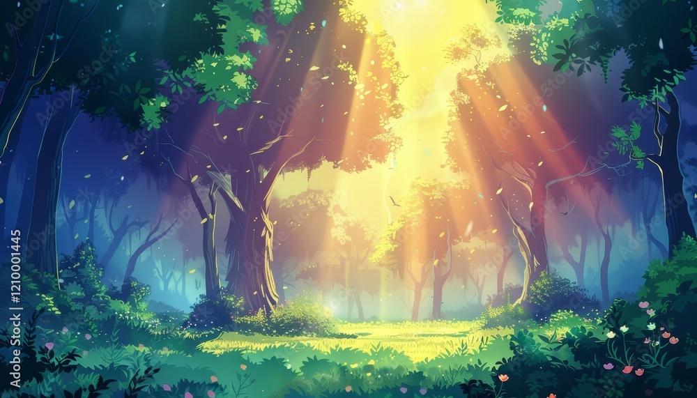 Sunbeams illuminating a lush, vibrant forest with dappled light filtering through leaves. Sunbeams illuminating a lush, vibrant forest with dappled light filtering through leaves.