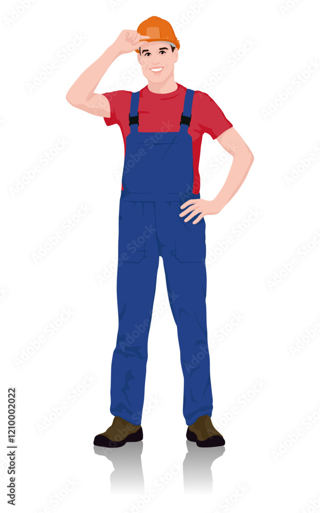 Friendly Construction Worker in Protective Gear Touching Helmet and Smiling. Vector Flat Style Illustration Isolated On White Friendly Construction Worker in Protective Gear Touching Helmet and Smiling. Vector Flat Style Illustration Isolated On White