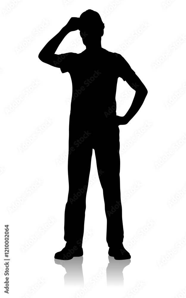 Silhouette of a Friendly Construction Worker Touching Helmet in Protective Gear. Vector Flat Style Illustration Isolated On White Silhouette of a Friendly Construction Worker Touching Helmet in Protective Gear. Vector Flat Style Illustration Isolated On White