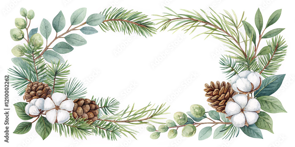 Fototapeta premium Elegant Watercolor Frame Featuring Fir Branches and Pine Cones for a Rustic Touch