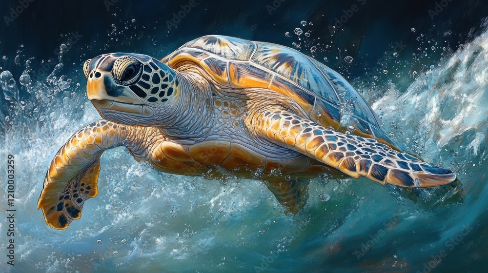 Fototapeta premium Ocean turtle swimming wave splash nature wildlife