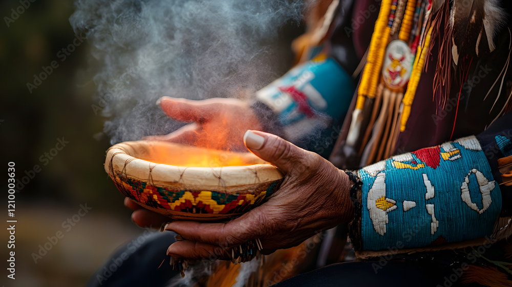 Indigenous Ceremonial Ritual with Hands Holding Sacred Smudging Bowl : Generative AI