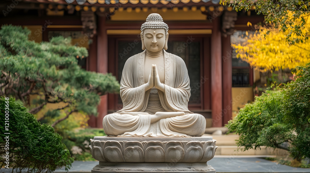 Serene Buddha Statue in Traditional Pose Surrounded by Lush Garden : Generative AI Serene Buddha Statue in Traditional Pose Surrounded by Lush Garden : Generative AI