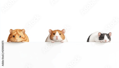 Three adorable guinea pigs with distinct colors peeking over a white surface, showcasing their curiosity photo