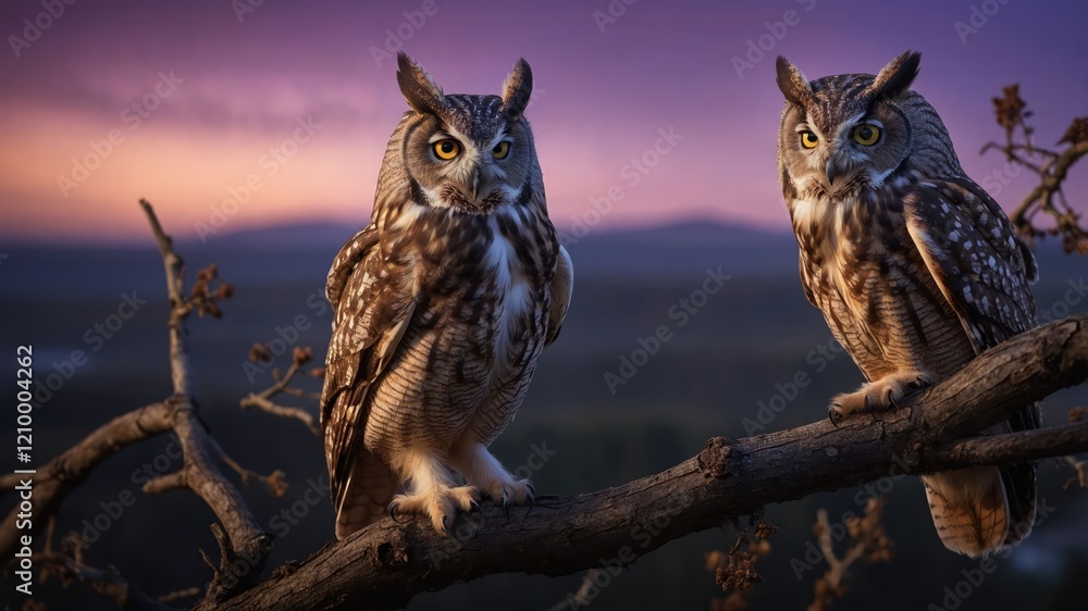Obraz premium Two owls perched on a branch during twilight, showcasing their majestic features.