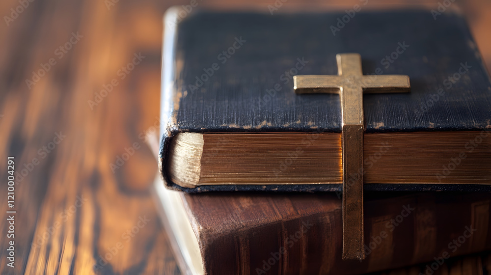 Stack of Antique Bibles with Brass Cross on Wooden Table : Generative AI