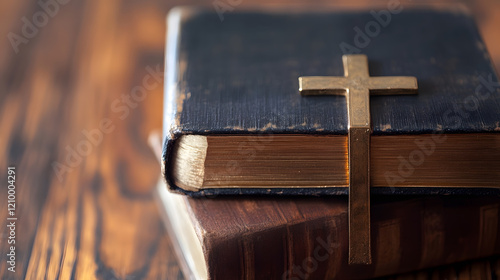 Obraz na płótnie Stack of Antique Bibles with Brass Cross on Wooden Table : Generative AI w salonie