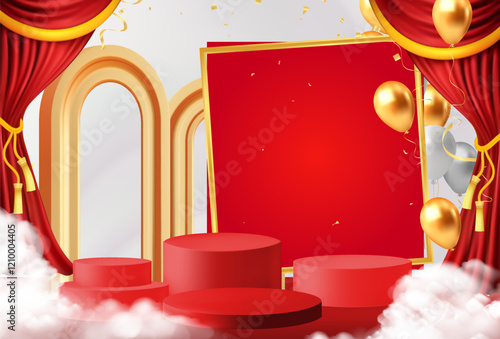 Red curtains realistic illustration.Theater fabric silk decoration for movie cinema or opera hall. Curtains and draperies interior decoration object for theater stage and new year chinese