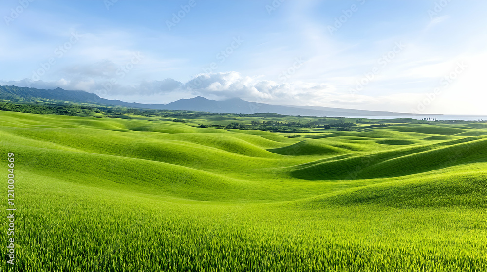 Obraz premium vast green pastures at Parker ranch in Waimea meetin the ocean at the horizon, Big Island, Hawaii
