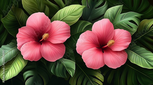 Wallpaper Mural Tropical Hibiscus Blooms: Two vibrant pink hibiscus flowers blossom amidst lush tropical foliage, their petals unfurling with captivating elegance, evoking a sense of paradise and tranquility.  Torontodigital.ca