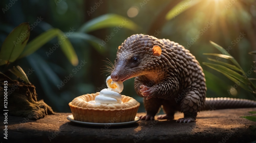 Obraz premium A pangolin curiously approaches a dessert tart with whipped cream in a lush setting.